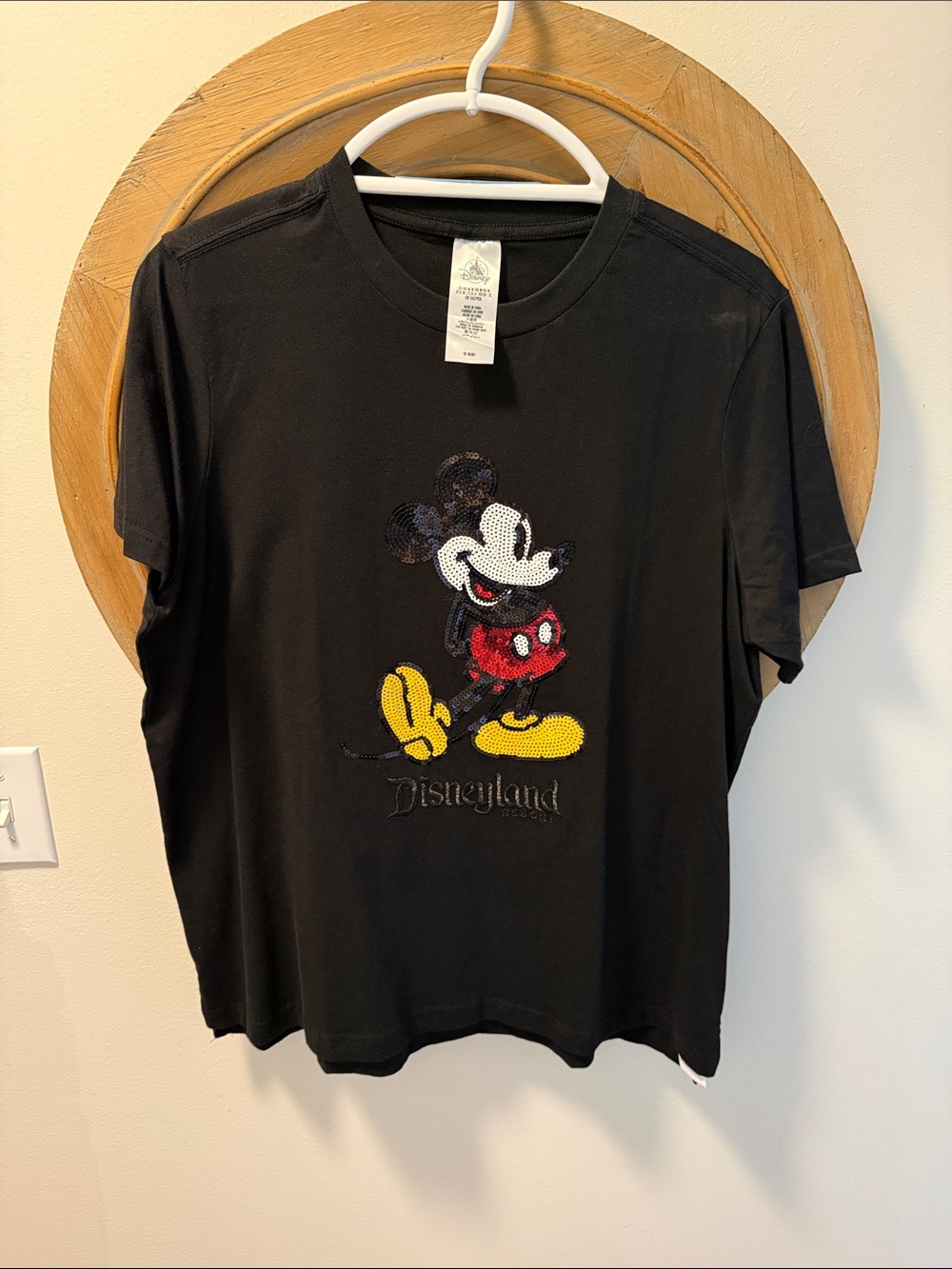 Disney Black Adult Sequin Mickey Mouse Tee with Red and Yellow Accents - Picture 1 of 7